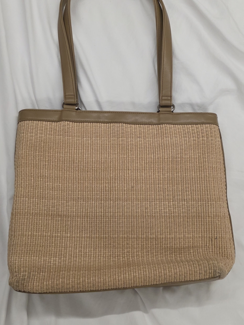 Fossil Straw Tote Bag Woven Raffia Tan Leather Trim Shoulder Bag Summer Beach